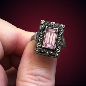Vintage Edwardian meets Art Deco 925 sterling silver pink stone ring 7.75